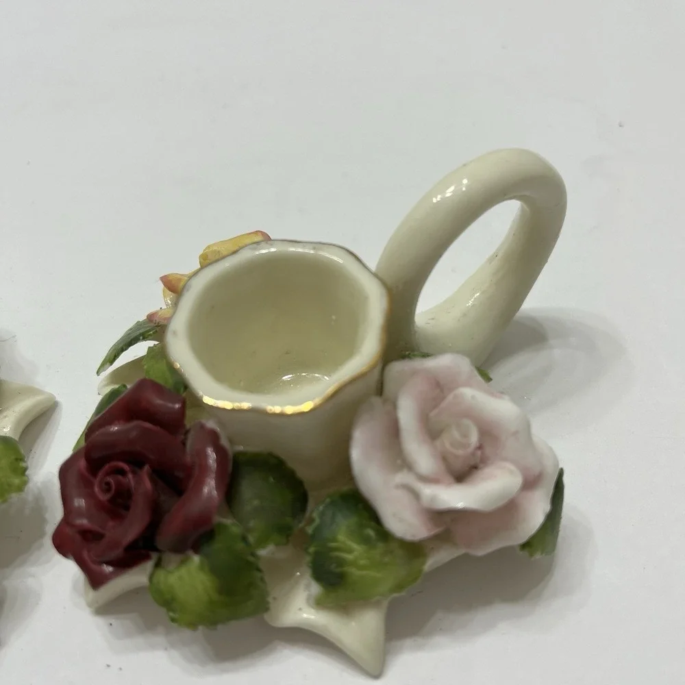 Vintage Porcelain Taper Candle Holders Finger Loop White 3D Hand Painted Roses 2